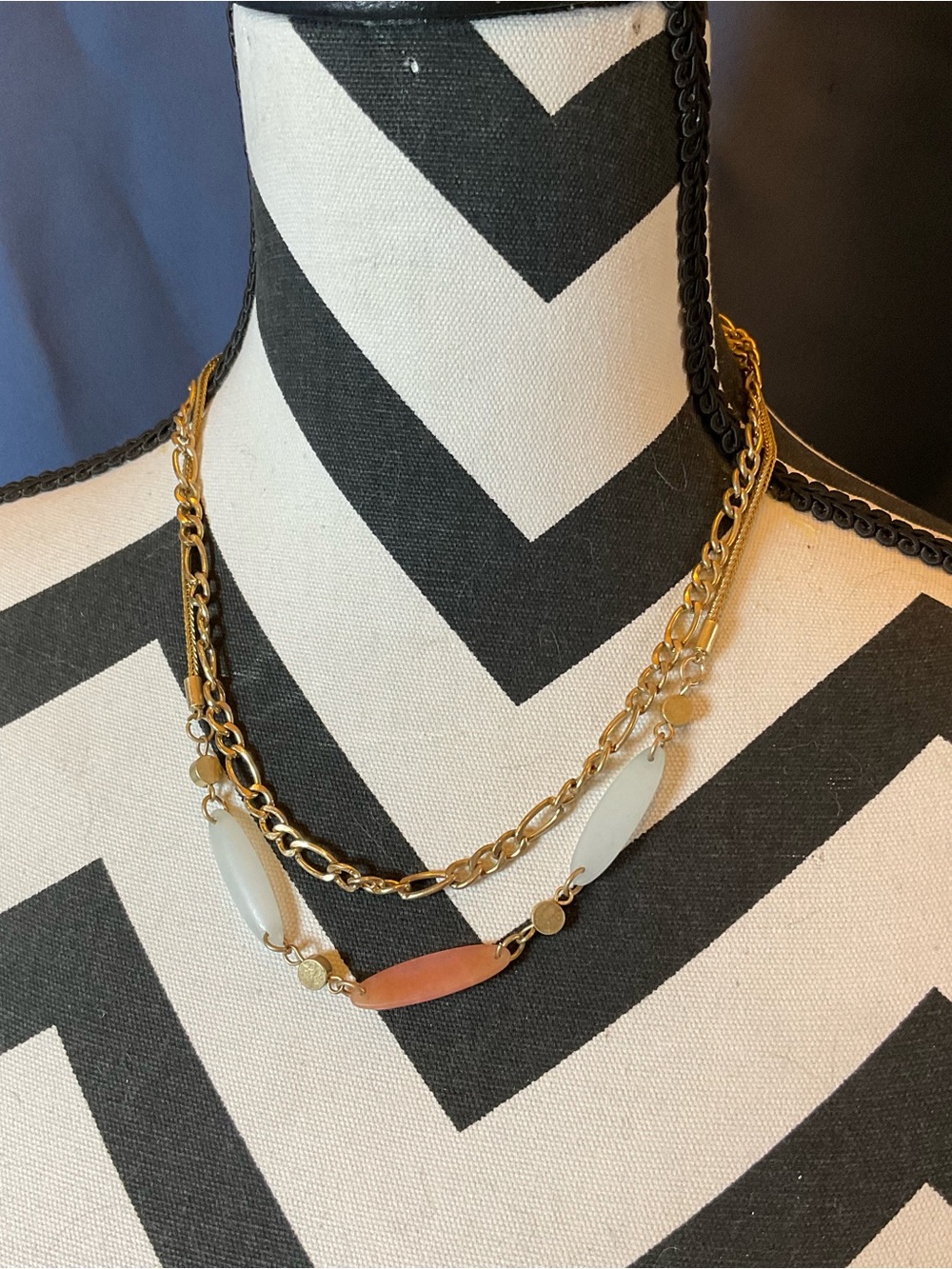 Gold-Tone Multi-Stone Layered Necklace in White and Coral - Unbranded